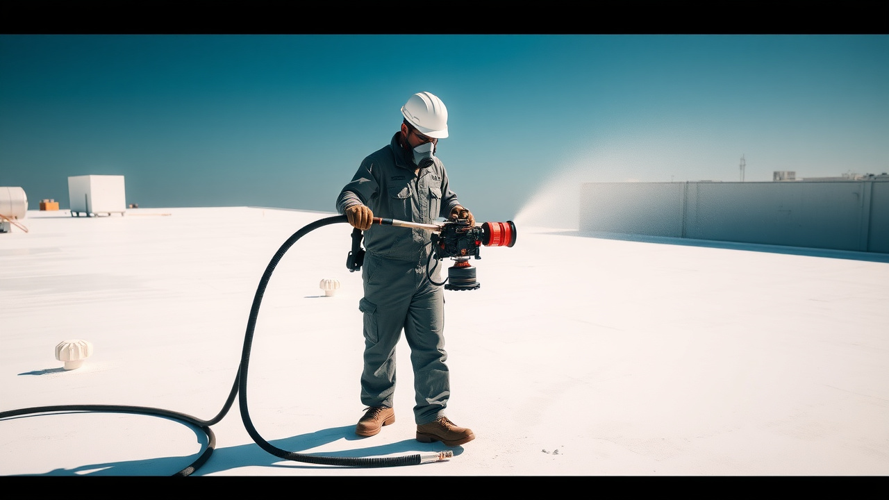 Technician spray-applying roof coating with an airless sprayer rig on a commercial flat roof